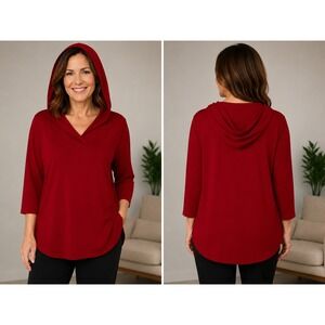 Misook Red‎ Knit Hoodie 3/4 Sleeve V-Neck Tunic Top Medium M